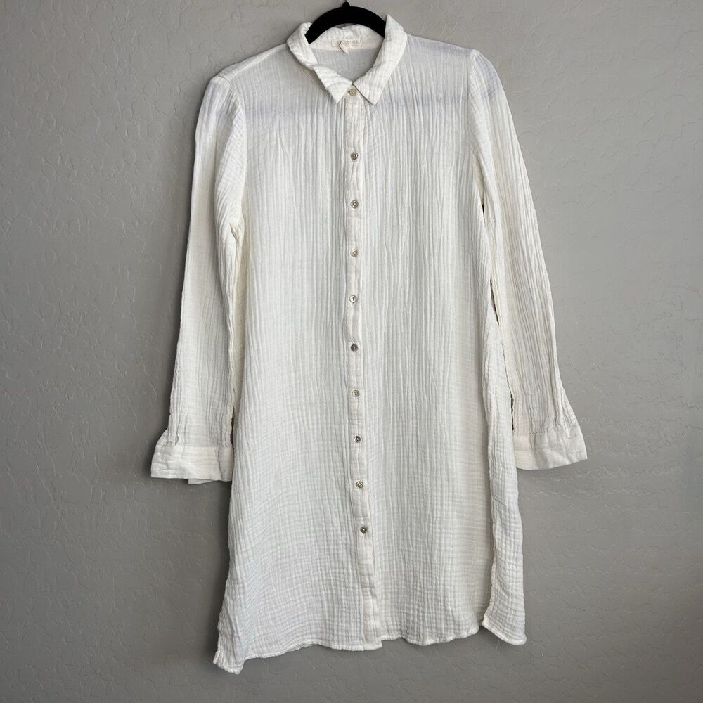 Eileen Fisher Women 100% Organic Cotton Gauze Shirt Dress XS White Lagenlook